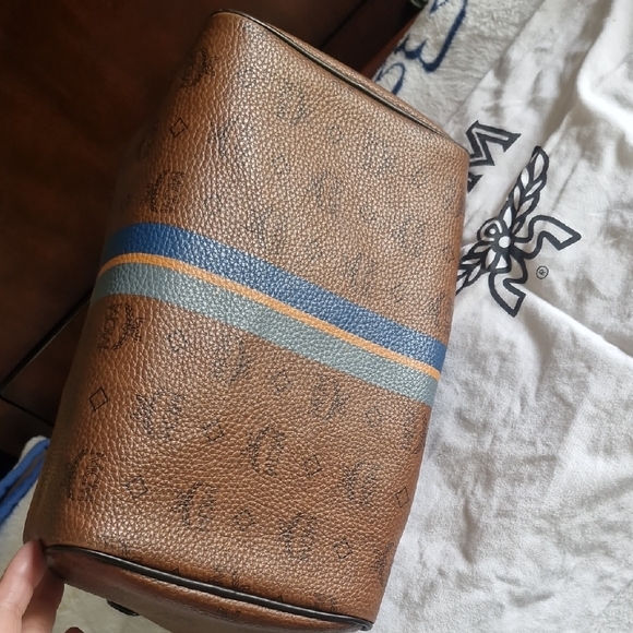 MCM Cognac Visetos Duffel Bag with Blue Stripe - Picture 10 of 16